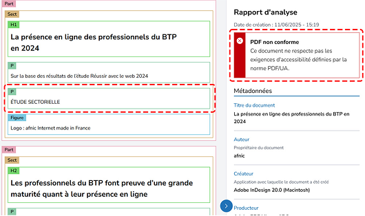 Visualisation du vérificateur PDF HTML mettant en évidence les incohérences de balisage et affichant la non-conformité en rouge.